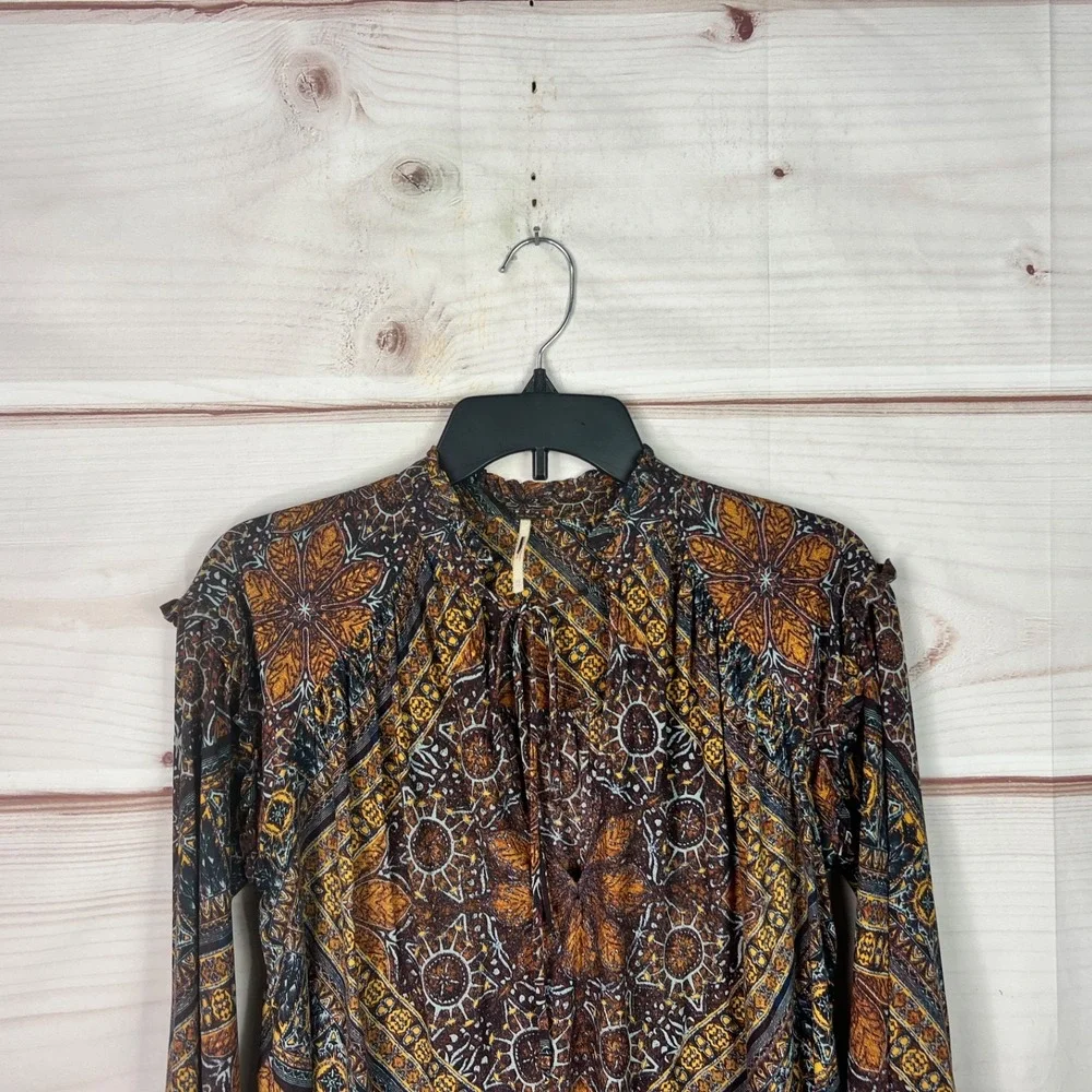 Free People Top Womens XS Little Runaway Blouse Multicolor Tie Neck Boho Peasant